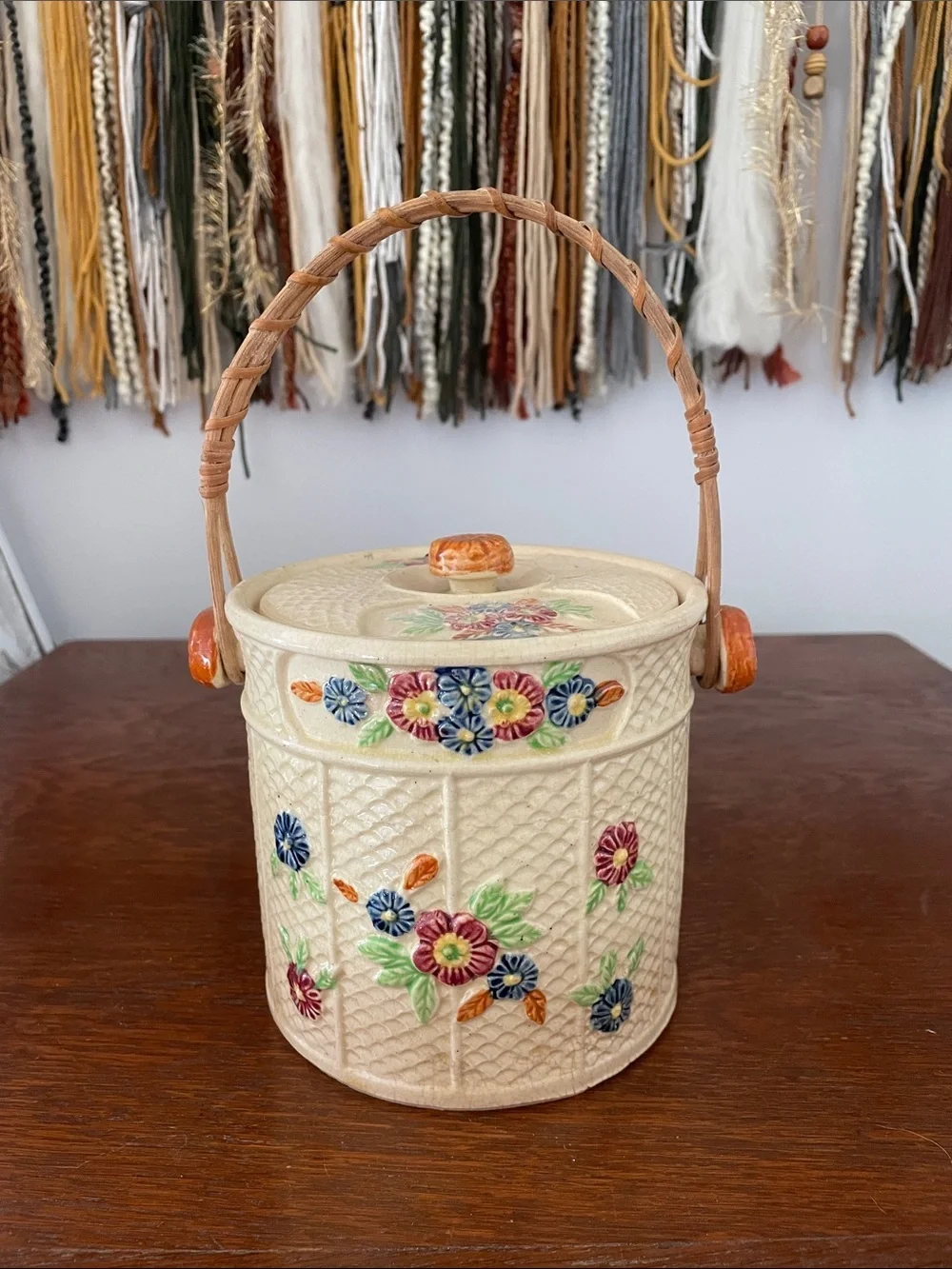 Hand-Painted Floral Ceramic Biscuit Jar with Woven Handle - Cream